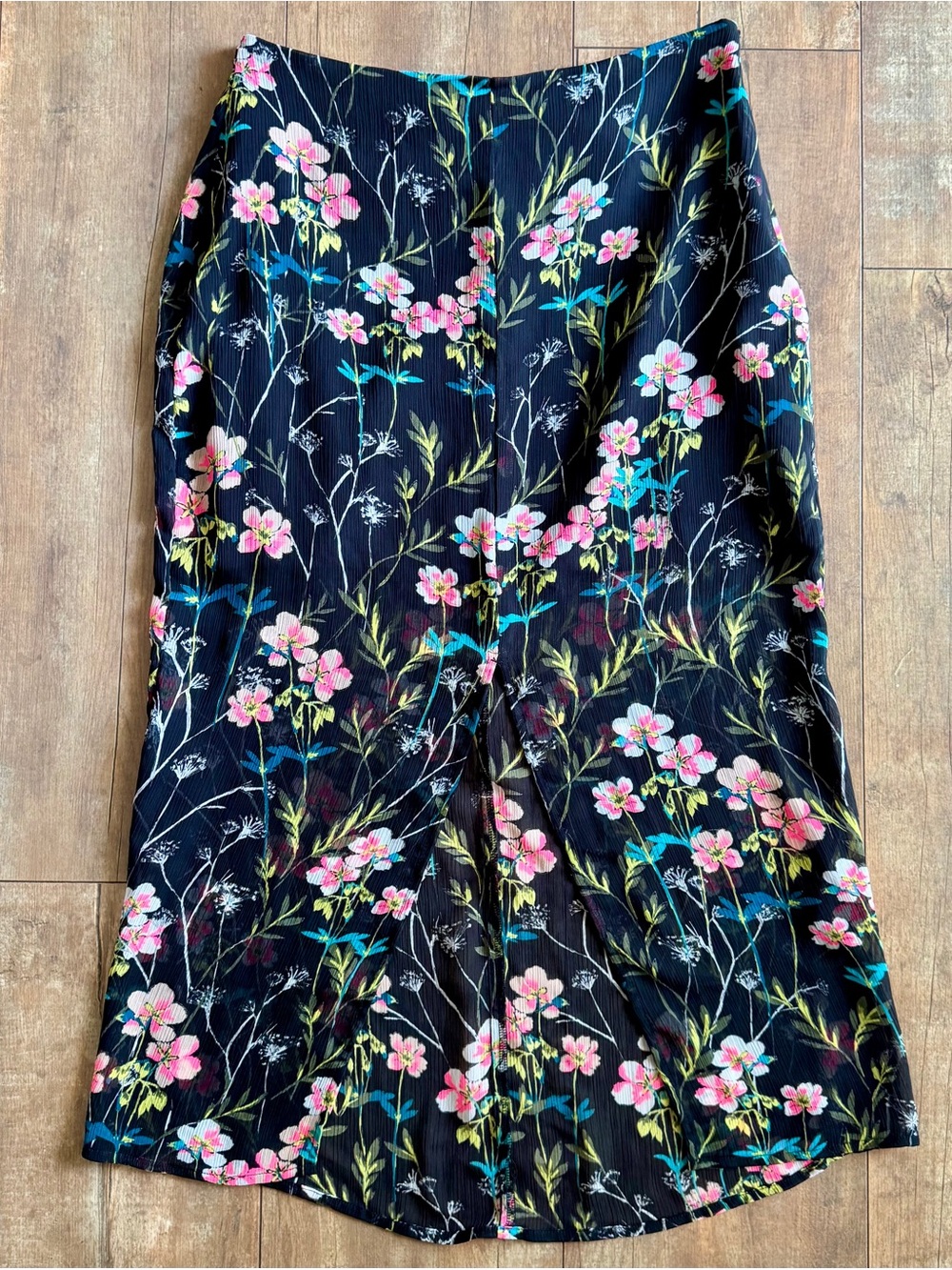 Express Black Floral Midi Slip Skirt Front Slit Size Small